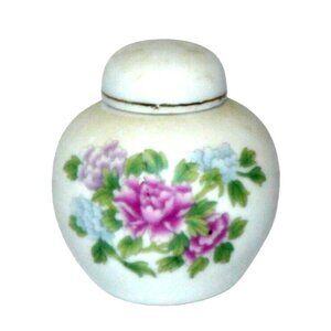 Vintage Miniature Porcelain Floral Tea Ginger Jar China White & Pink Peony 2.5 "